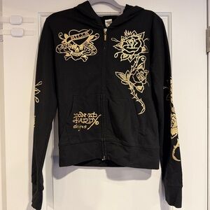 Ed Hardy Vintage Zip Up Hoodie Black & Gold Rhinestone Y2K Women’s Size M